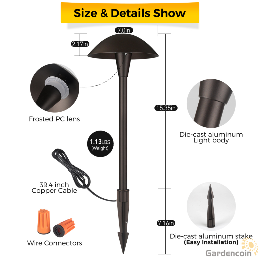 Gardencoin®Umbrella 3CCT LED Low Voltage Landscape Pathway Light, 3000K/4000K/5000K Selectable, Wired Outdoor Led Walkway Light,Oil Rubbed Bronze Die-Cast Aluminum Housing