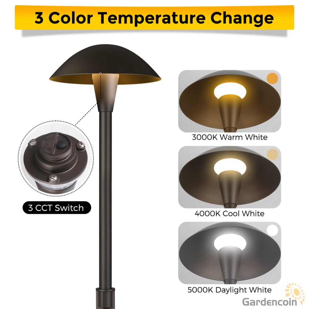 Gardencoin®Umbrella 3CCT LED Low Voltage Landscape Pathway Light, 3000K/4000K/5000K Selectable, Wired Outdoor Led Walkway Light,Oil Rubbed Bronze Die-Cast Aluminum Housing