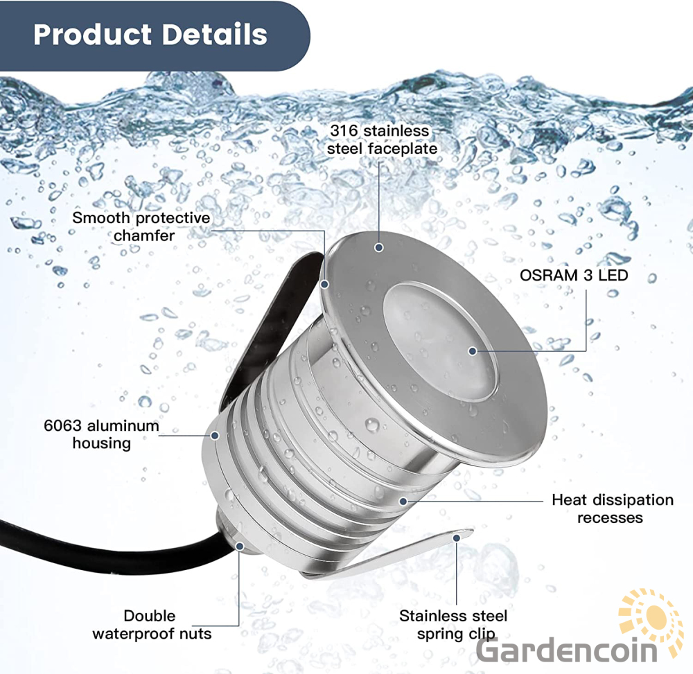 Gardencoin®Jellyfish Micro Led Pool Lights, 12V Low Voltage Underwater Lights, 3 Watts 280 Lumens, Solid Metal Swimming Pool Lights for Inground Pool, Pond, Step, Fountain and Spa