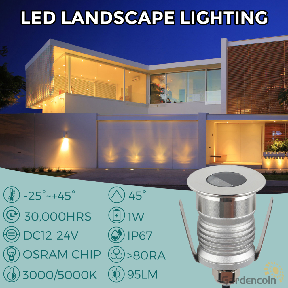 Gardencoin®Sirius Half-moon 1W Recessed LED Deck Light IP67 Waterproof 12V-24V Outdoor LED Decking Stair Light 3 Color Changing for Yard,Garden,Patio,Stair Decor