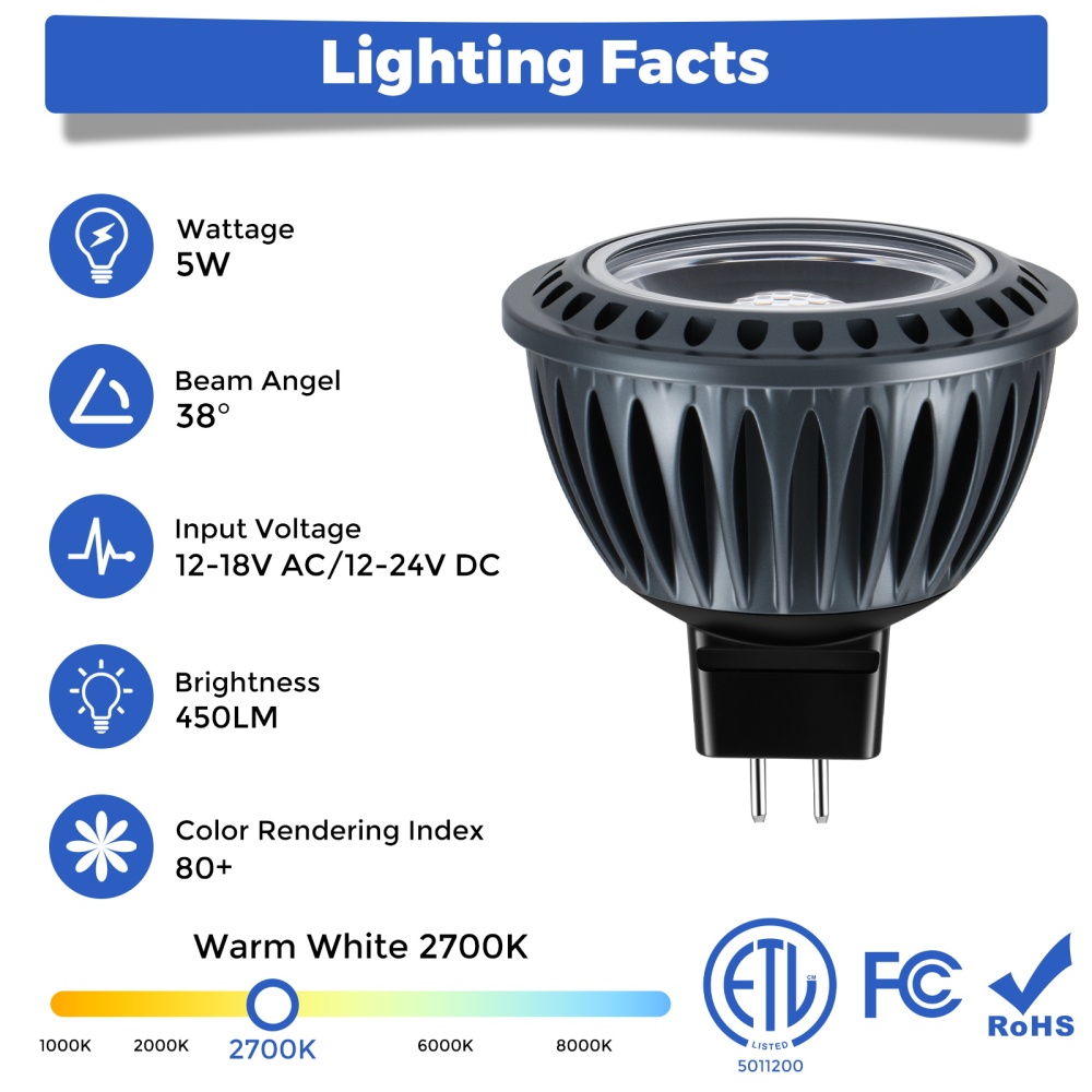 Gardencoin MR16 LED Light Blub, 5W 2700K Warm White 450 Lumens Dimmable, Aluminum Housing, Low Voltage 12V Input,GU5.3 bi-pin Light Bulbs for Landscape &Accent Lighting, Indoor/Outdoor Use