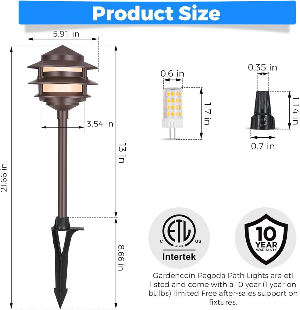 Gardencoin Pagoda Low Voltage Landscape Pathway Lights, 12V Outdoor LED Path Lights Wired, Aluminum Walkway Lighting with 4W 2700K Replaceable G4 Bulb, Classic 3-Tier Lantern, 1 Pack