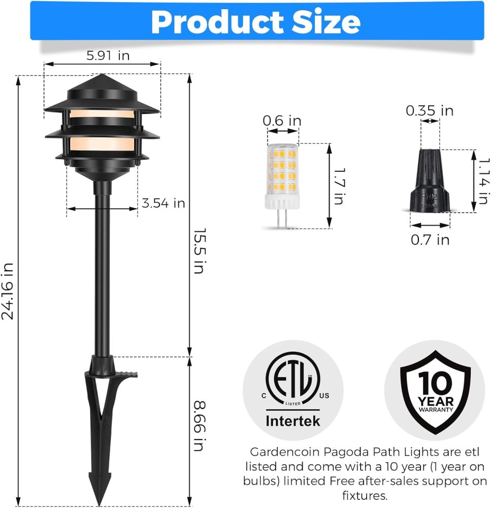 Gardencoin Pagoda Low Voltage Landscape Pathway Lights, 12V Outdoor LED Path Lights Wired, Aluminum Walkway Lighting with 4W 2700K Replaceable G4 Bulb, Classic 3-Tier Lantern, 1 Pack