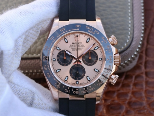 Rolex Daytona Cosmograph 116515 18K Rosegold Noob 1:1 Best Edition Gold Dial Stick Markers on Black Leather Strap A4130 Super Clone (Correct Thick)
