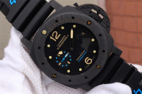 Panerai Luminor Submersible 1950 PAM616 Noob Factory VS V3 1:1 Best Edition, Carbotech, Black Dial, Black Rubber Strap/Blue & Green Leather Strap, SWI