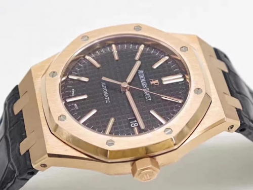 Audemars Piguet Royal Oak 37mm 15450 18K Rosegold Case & Bezel JF factory 1:1 Best Edition Black Dial on 18K Black Leather Strap ETA 3120