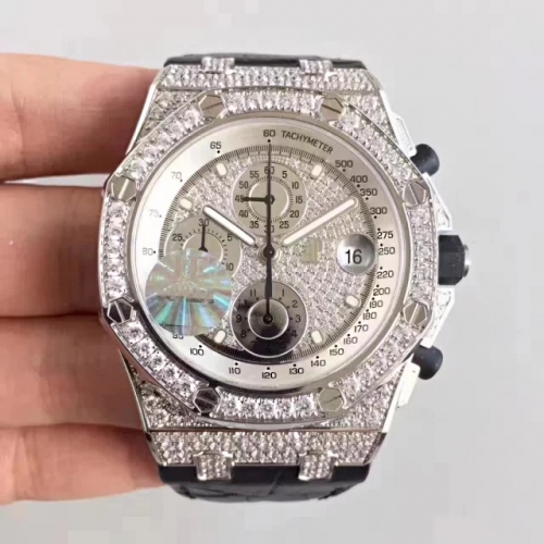 Audemars Piguet Royal Oak Offshore 26067BC.ZZ.D002CR.01 Chronograph Stainless Steel Full Paved Diamond JF Factory   1:1 Best Edition on Black Leather 