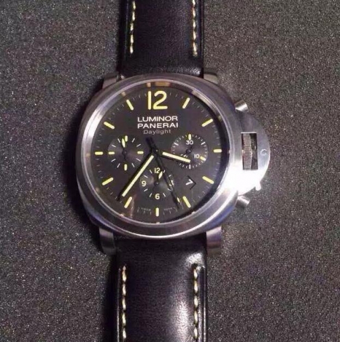 Panerai Luminor PAM356 Daylight Chronograph Stainless Steel Noob 1:1 Best Edition Black Dial on Black Leather Strap ETA7750