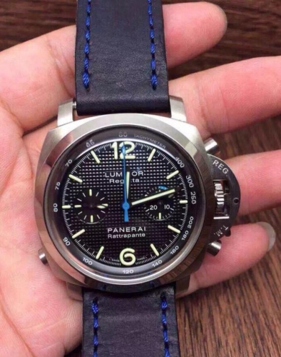 Panerai Luminor Regatta PAM286 Noob Factory Rattrapante Stainless Steel Black Textured Dial Noob 1:1 Best Edition on Blue Stitched Leather Strap A7750