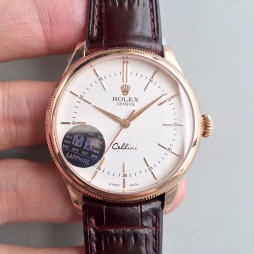 Rolex Cellini 50509 39mm Rosegold Case MKS Factory V4 1:1 Best Edition White Dial on Brown Leather Strap SA3132