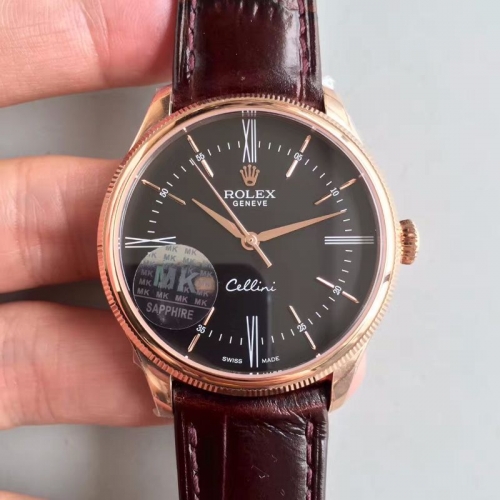 Rolex Cellini 50509 39mm Rosegold Case MKS Factory V4 1:1 Best Edition black Dial on Brown Leather Strap 3132