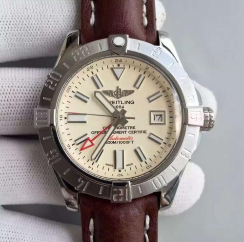 Breitling Avenger II GMT A3239011/C872/105X/A20BA.1 N Noob Factory Stainless Steel White Dial Swiss ETA 2836 Brown Leather