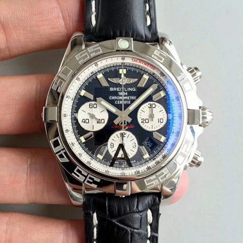 Breitling Chronomat AB011012 Chronograph Stainless Steel JF Factory 1:1 Best Edtion Black Dial White Inner Bezel on Black Calfskin Leather Strap ETA 7