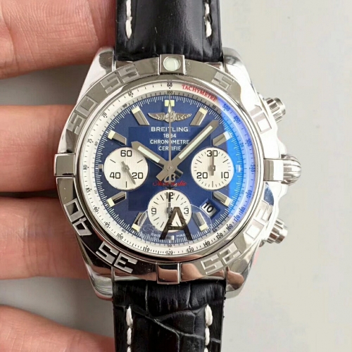 Breitling Chronomat AB011012/C788 Chronograph Stainless Steel JF Factory 1:1 Best Edition Blue Dial White Inner Bezel on Black Calfskin Leather Strap 