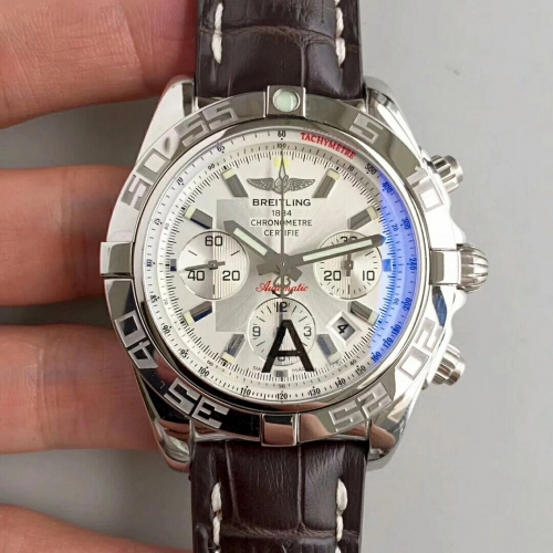 Breitling Chronomat AB011012/G684 Chronograph Stainless Steel JF Factory 1:1 Best Edition White Dial White Inner Bezel on Brown Calfskin Leather Strap