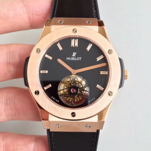 Hublot Classic Fusion 505.OX.1180.LR 45mm Tourbillon Ceramic Case 18K Rosegold Case Black Dial TF Factory Best Edition on Black Gummy Strap Seagull