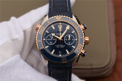 Omega Seamaster Planet Ocean 215.23.46.51.03.001 600m Two Tone 18K Rosegold Chronograph OMF 45mm 2016 On Blue Leather Strap 9901