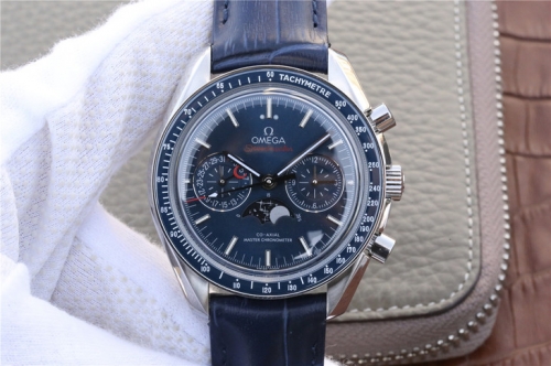 Omega Speedmaster 304.33.44.52.03.001 Moonphase Chronograph Stainless Steel Case BF Factory 1:1 Best Edition Blue Dial Leather Strap Swiss 9300