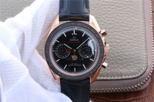 Omega Speedmaster 304.63.44.52.01.001 Moonphase Chronograph 18K Rosegold Case BF Black Dial Black Leather Strap 9301