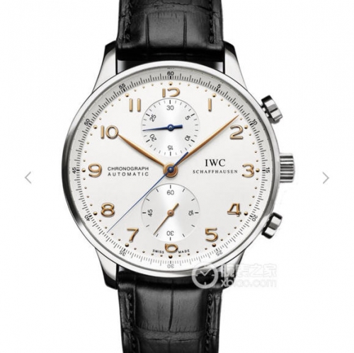 IWC Schaffhausen Portuguese Chronograph Stainless Steel Case IW371445 White Dial Gold Marker ZF Brown Leather Strap A79350