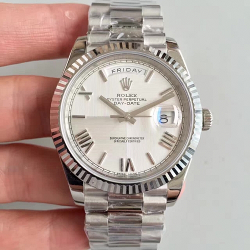 Rolex Day-Date II 228239 40mm EW Factory 1:1 Stainless Steel Best White Textured Dial On Stainless Steel Bracelet Swiss 3255