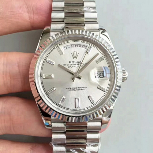 Rolex Day-Date II 228239 40mm EW Factory 1:1 Stainless Steel Silver Dial Diamond Stick Marker On Stainless Steel Bracelet Swiss 3255