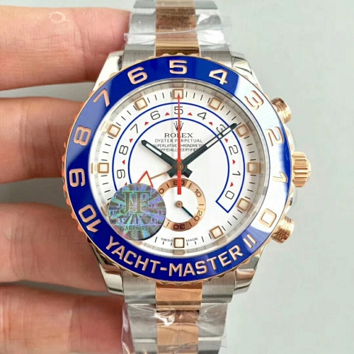 Rolex Yacht Master II 116681 18K Two Tone Rosegold Sta Case Blue Ceramic White Dial JF 1:1 Best Edition On Two Tone Bracelet 7750