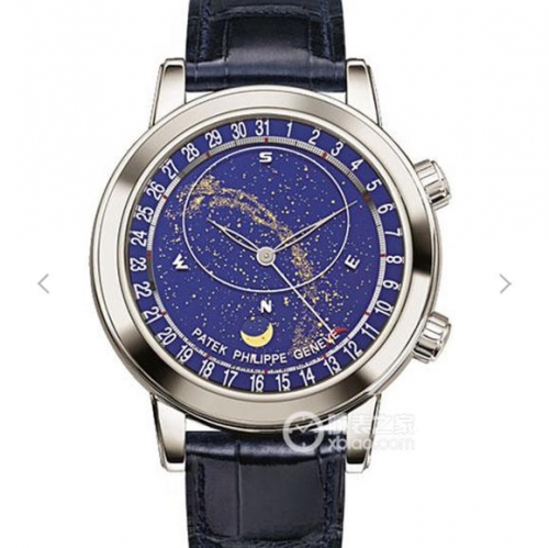 Patek Philippe Grand Complications 6102P-001 Celestial Rotating Moonphase Stainless Plain Bezel Blue Rotating Dial Blue Leather Swiss 240