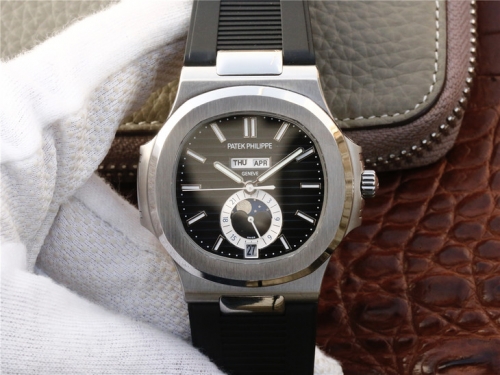 Patek Philippe Nautilus 5726/1A-001 Working Annual Calendar Stainless Steel KMF V2 1:1 Best Edition Black Dial on Black Rubber B Strap Swiss 324
