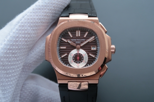 Patek Philippe Nautilus 5980R-001 Chronograph 18K Rosegold Case BP Maker 1:1 V2 Brown Textured Dial on Brown Leather Strap 7750