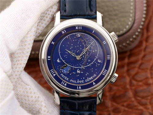 Patek Philippe Grand Complications 5102P-001 Celestial Rotating Moonphase Stainless Steel Case Sky Factory Blue Rotating Dial Blue Leather 240