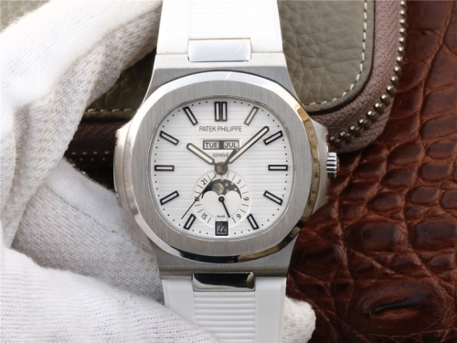 Patek Philippe Nautilus 5726/1A-010 Working Annual Calendar Stainless Steel KM Factory V2 1:1 Best Edition White Dial on White Rubber B Strap Swiss 32