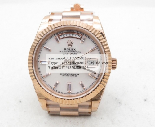 ROLEX DayDate 40mm 904L Flt RG/RG Wht MOP/Dia GMF A3255 Mod  :  White MOP Dial with Diamond Markers