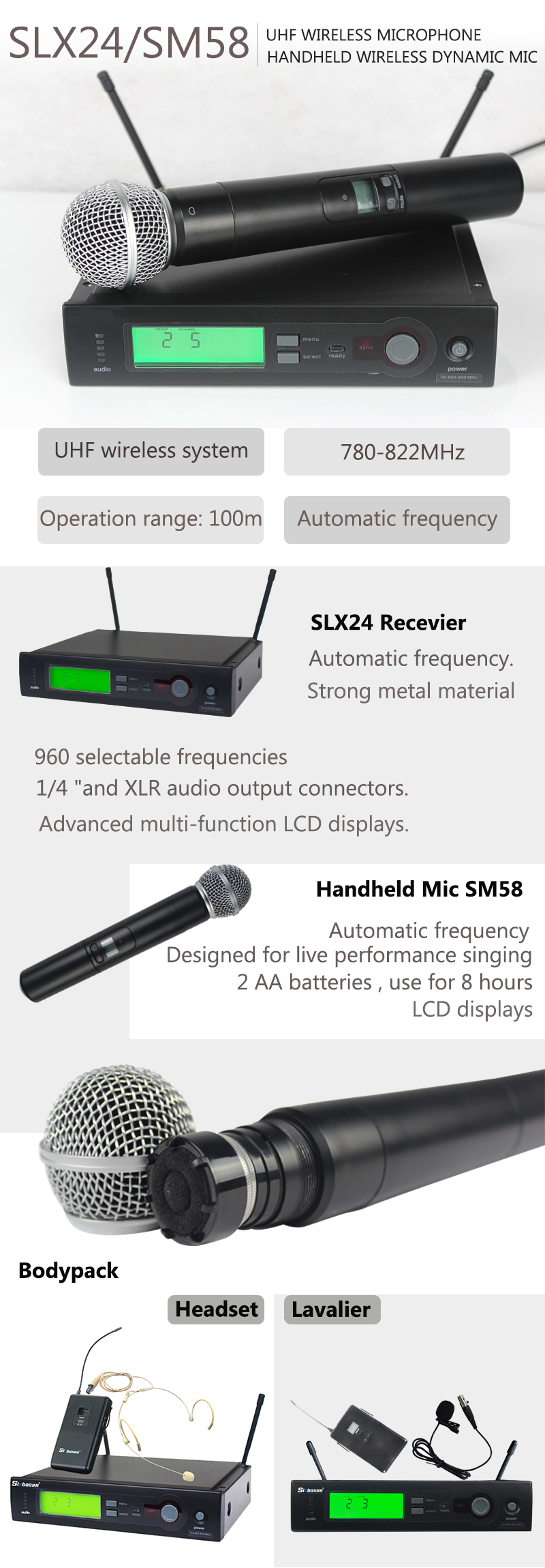 Sinbosen UHF Wireless Professional Handheld Microphone SLX4 SM 58