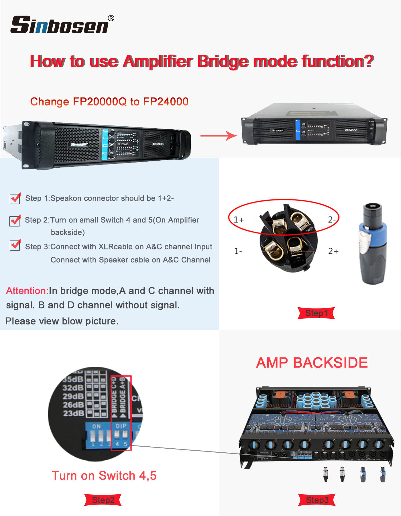 ¿Cómo configurar el modo BRIDGE en el amplificador FP?