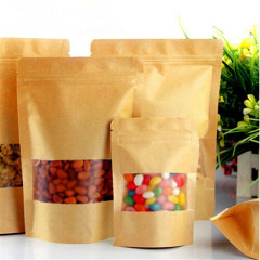 Recyclable stand up brown kraft paper bags with window and zipper