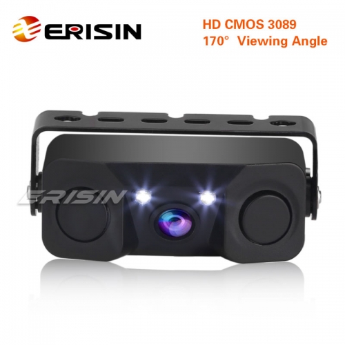 Erisin ES568 170º CVBS Backup Camera Car Auto Rear View Camera Reverse Parking Radar with 3 in 1 Parking Sensor