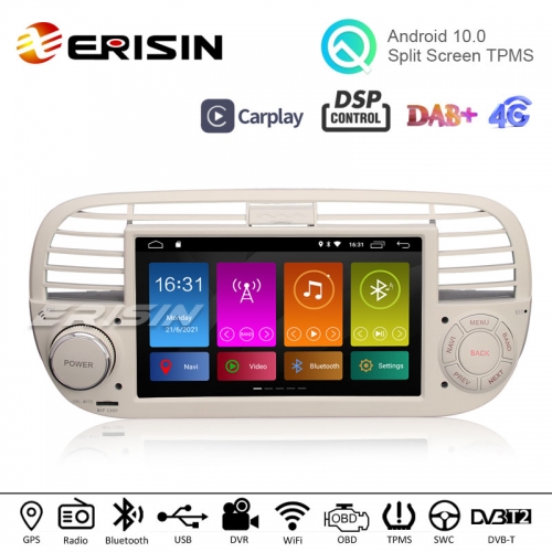 Erisin ES3050FW 7" Quad-Core Capacitive Android 10.0 Car Multimedia Player GPS WiFi 4G TPMS DVR DSP Carplay for Fiat 500 2008-2015