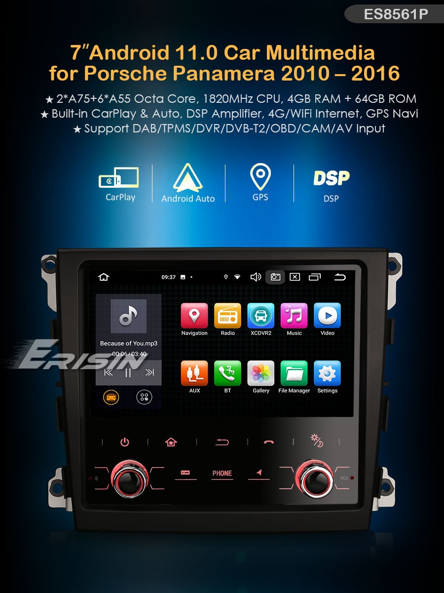 ES8561P IPS Android 11.0 Car Multimedia GPS Radio For Porsche Panamera Wireless Apple CarPlay and Android Auto DSP SIM 4G Module