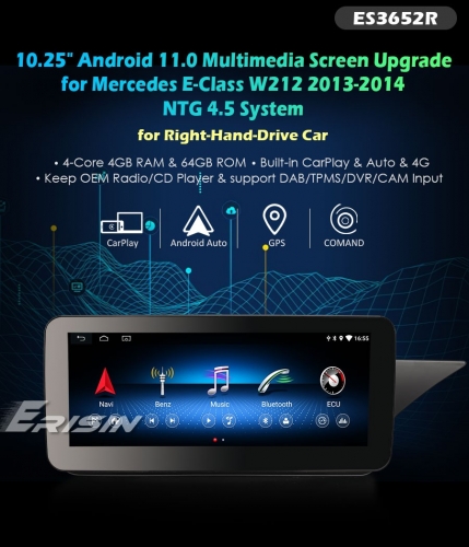 Erisin ES3652R 10.25 Right-hand Drive Wireless Carplay Android 11 Car Stereo GPS SatNav For Mercedes-Benz E-Class W212 WiFi 4G SIM Slot IPS Screen OEM