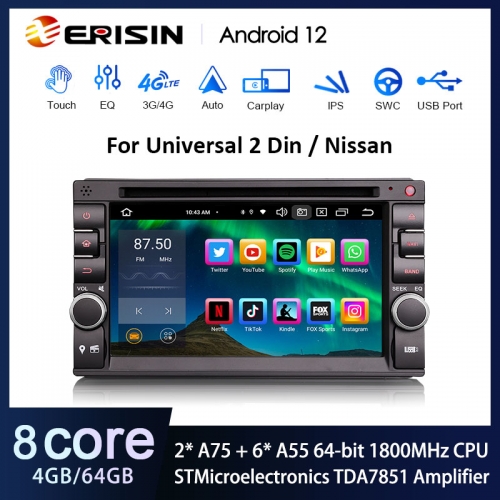 Erisin ES8536U 6.2" IPS Universal 2 Din Android 12.0 Car Radio Wireless CarPlay & Auto GPS 4G DAB+ DSP DVD Player For Nissan