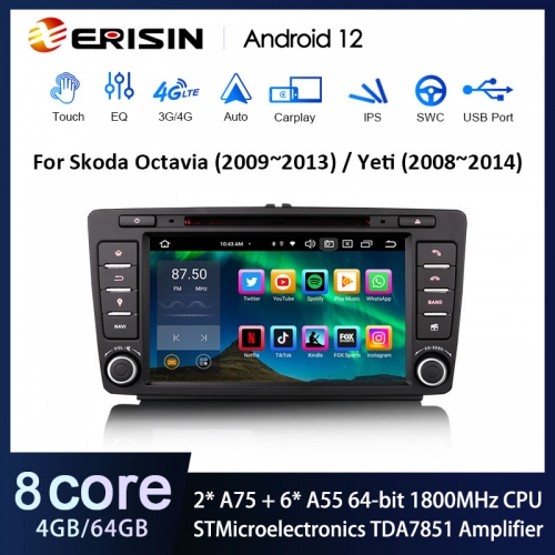 Erisin ES8526S 8" Skoda Octavia Rapid Roomster Superb Yeti Android 12.0 Car Stereo DSP CarPlay & Auto GPS TPMS DAB+ 4G DVD System