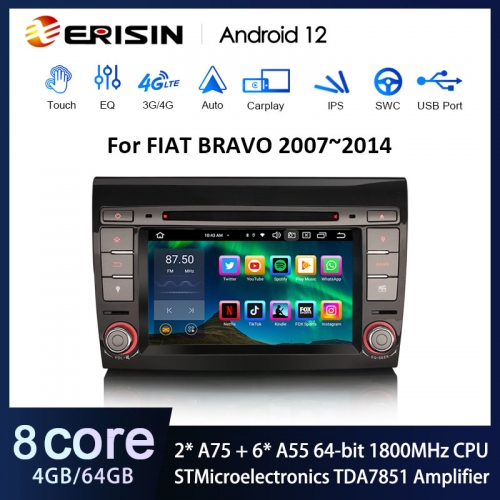 Erisin ES8571F 7" IPS DSP Android 12.0 Car DVD Player For Fiat Bravo CarPlay Auto GPS Stereo BT5.1 4G Dual Band WiFi