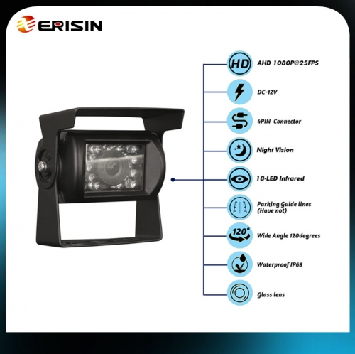 Erisin ES688 18-LED Infrared Night Vision Waterproof Reversing AHD 1080P-25FPS Reversing Camera Bus Lens