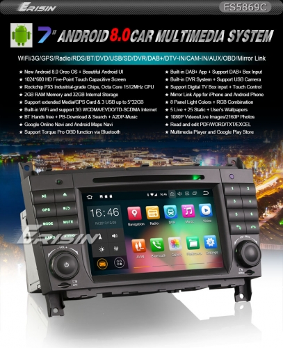Erisin ES5869C 7" Android 8.0 Car Audio GPS Wifi DAB+ DVD Player For Mercedes Benz C/CLK Class W203 W209