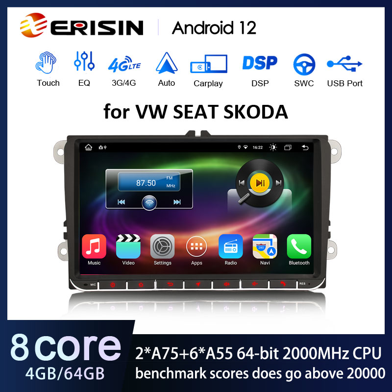 ES8891V 8-Core Android 12 64GB Autoradio DAB+ Navi For VW Passat CC Golf 5/6 Tiguan T5 Jetta Skoda SEAT CarPlay Auto WiFi DSP OBD2 TPMS Bluetooth 5.0