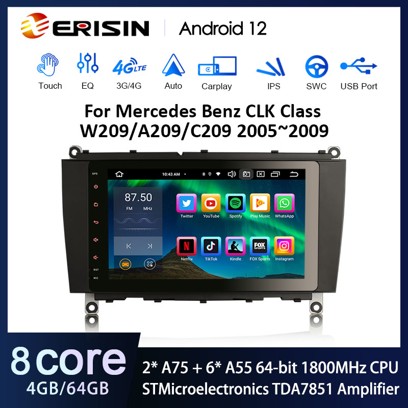 Erisin ES8584C 8" DSP Android 12.0 Auto GPS Multimedia For Mercedes Benz CLK-Class C209/A209 Car Stereo CarPlay & Auto Radio 4G LTE IPS