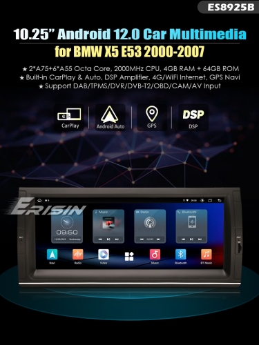 Erisin ES8925B 10.25" IPS Screen Android 12.0 Car Stereo GPS SatNav Radio For BMW X5 E53 DSP 4G LTE Wireless CarPlay Auto Bluetooth 5.0