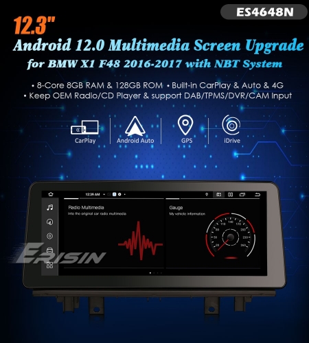 Erisin ES4648N 8G+128G Android 12.0  IPS Android 12.0 Car Stereo GPS Radio For BMW X1 F48 NBT System WiFi 4G LET CarPlay Android Auto SWC
