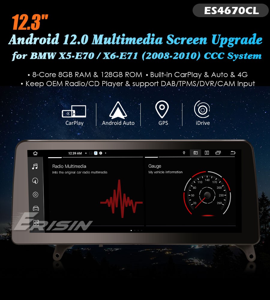 Erisin ES4670CL Android 12.0 Car Multimedia Player Screen Upgrade GPS For BMW X5 E70 BMW X6 E71 CCC Carplay Auto SWC Wifi IPS DSP